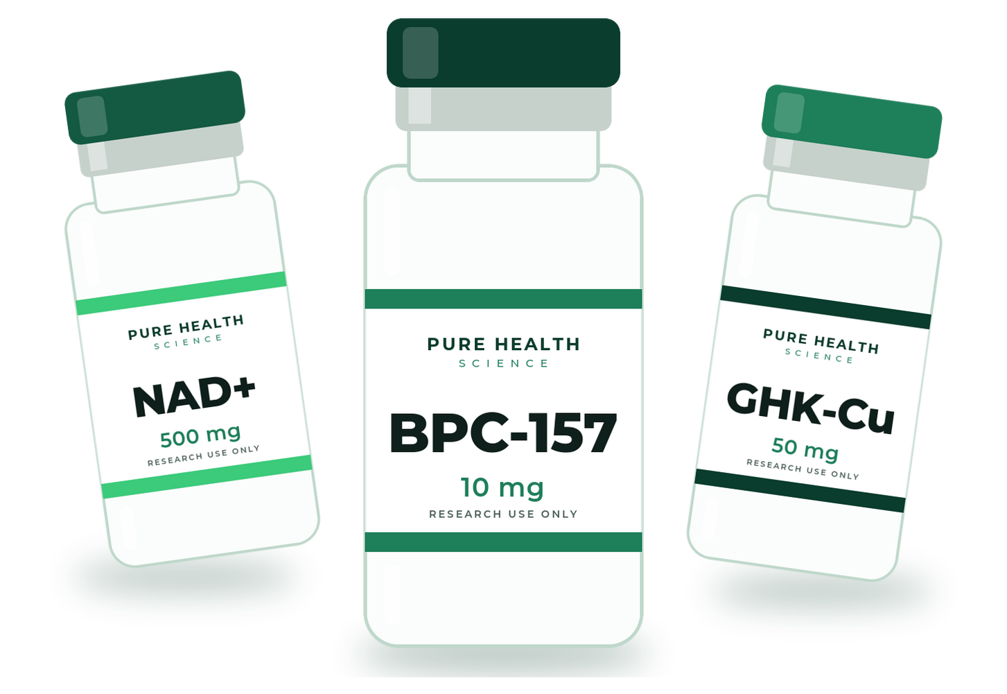 BPC-157, NAD+ and GHK-Cu research peptide vials from Pure Health Sciences